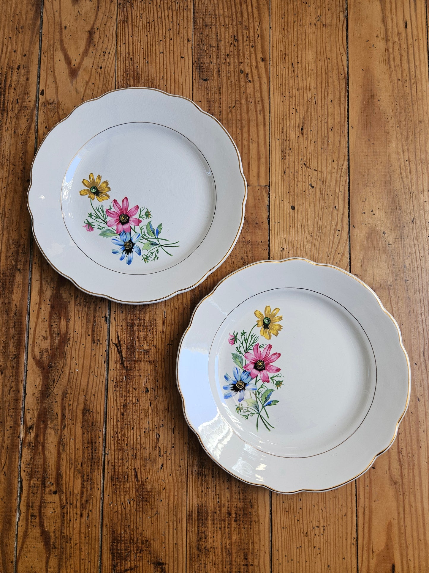 Assiettes plates dépareillées, vert pomme / jaune / fleurs