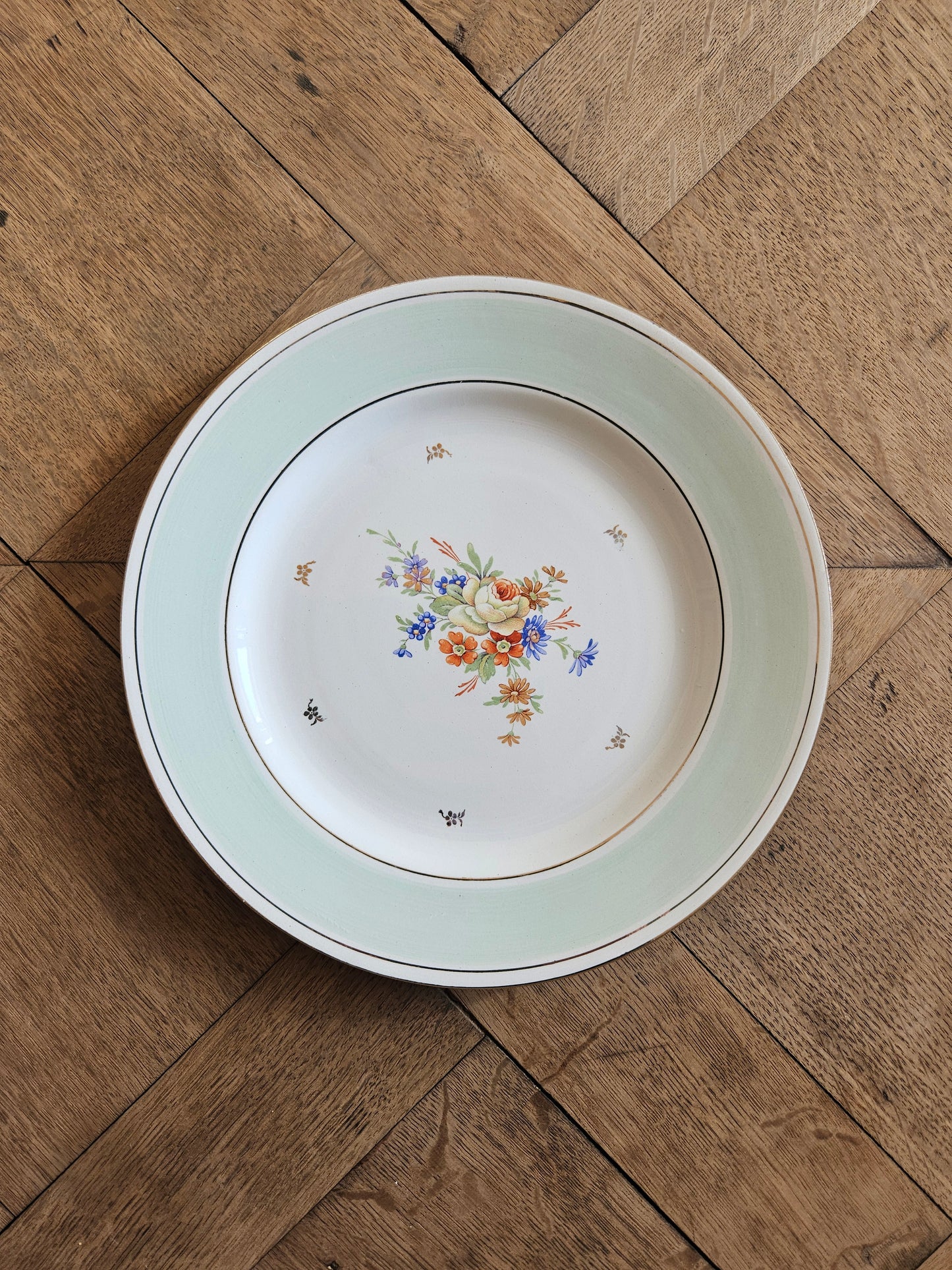 Assiettes plates Ste Amandinoise, vert mint & fleurs
