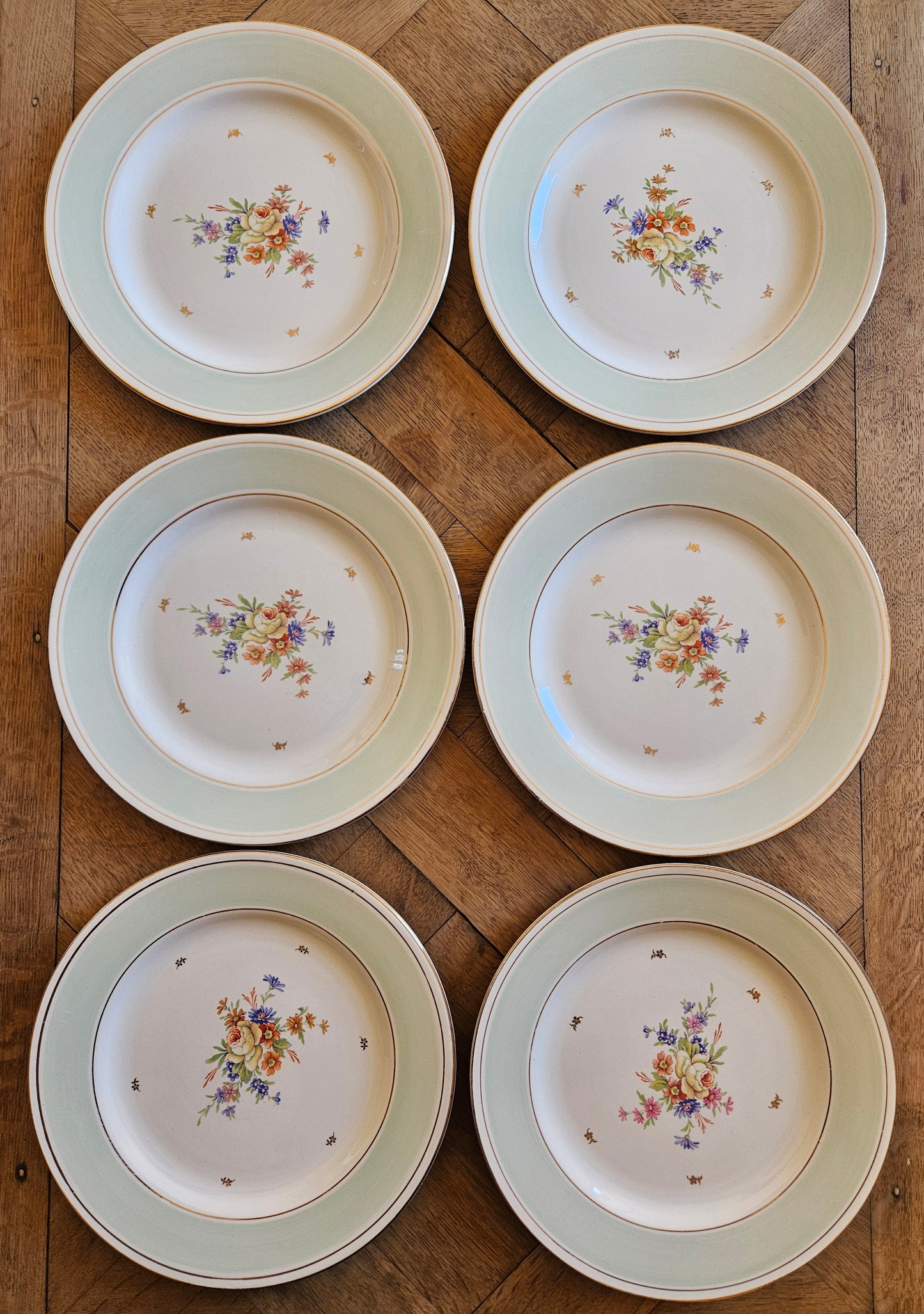 Assiettes plates Ste Amandinoise, vert mint & fleurs
