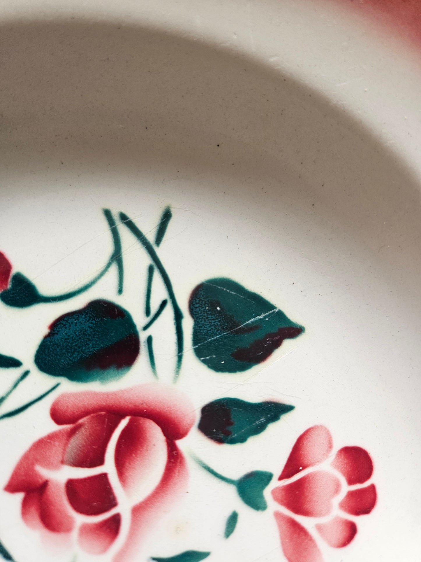 Assiettes creuses vintage Badonviller, décor de roses et pissenlits rouges et verts