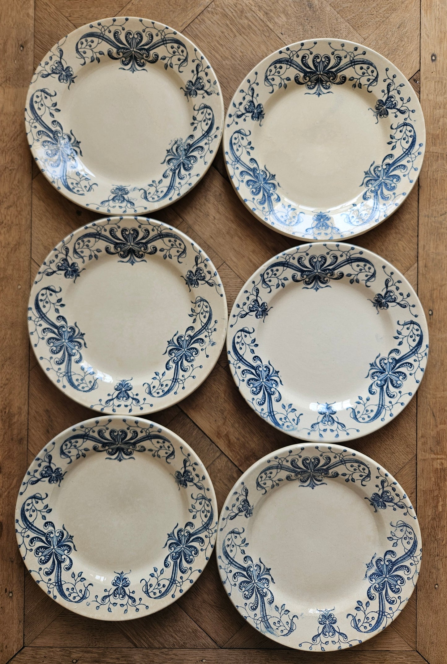 Lot de 6 assiettes plates anciennes en terre de fer. Faïencerie de Lyon, Joconde