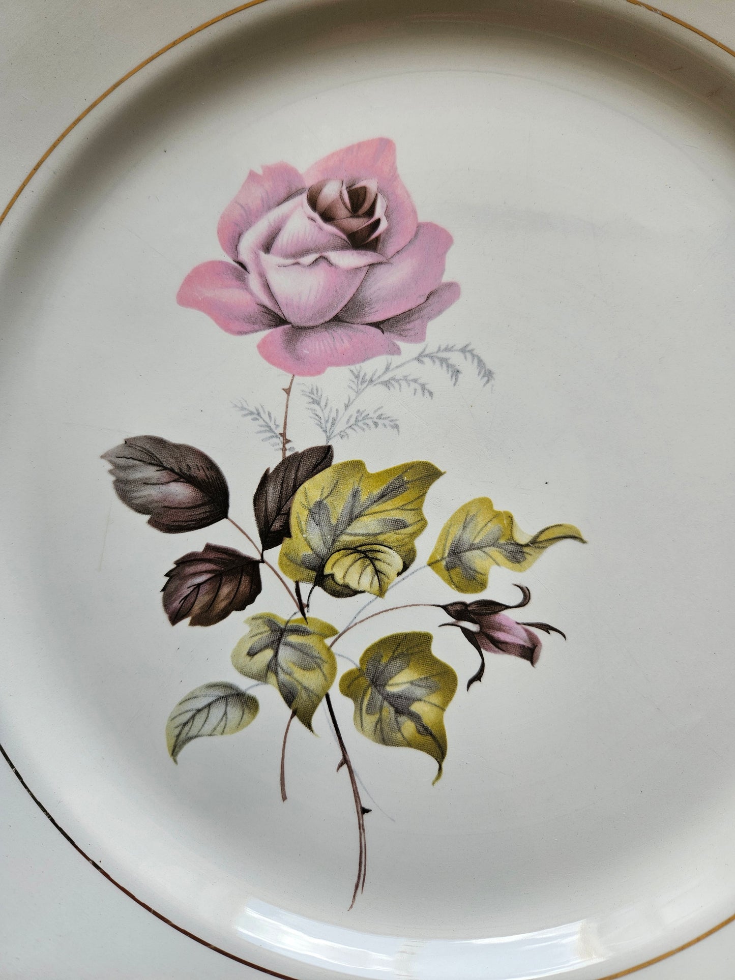 Plat rond K&G Lunéville Badonviller, Périgord. Décor de rose rose