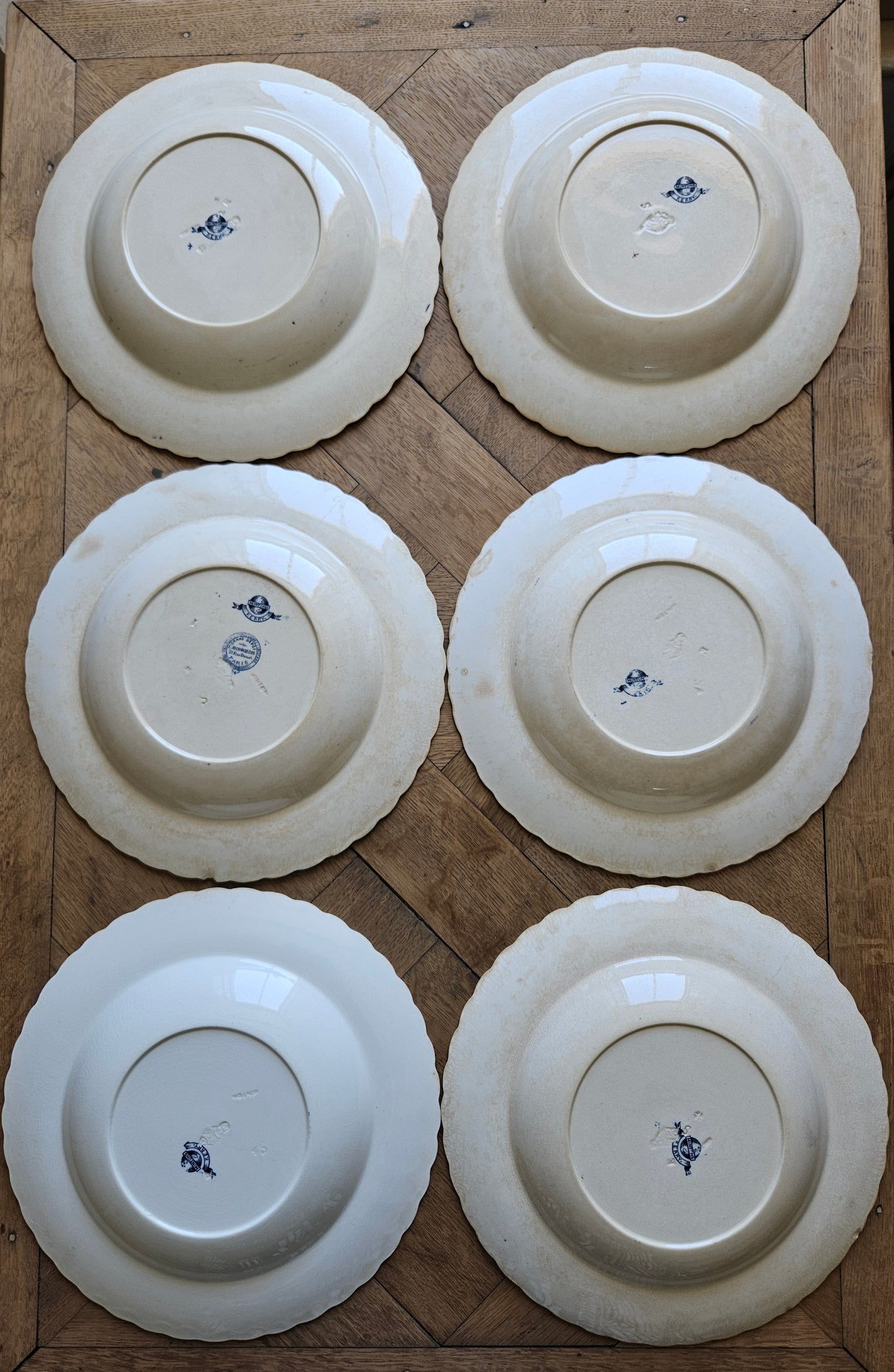 Assiettes creuses vintage estampillées Mintons Kerry, grand dépôt Emile Bourgeois Paris