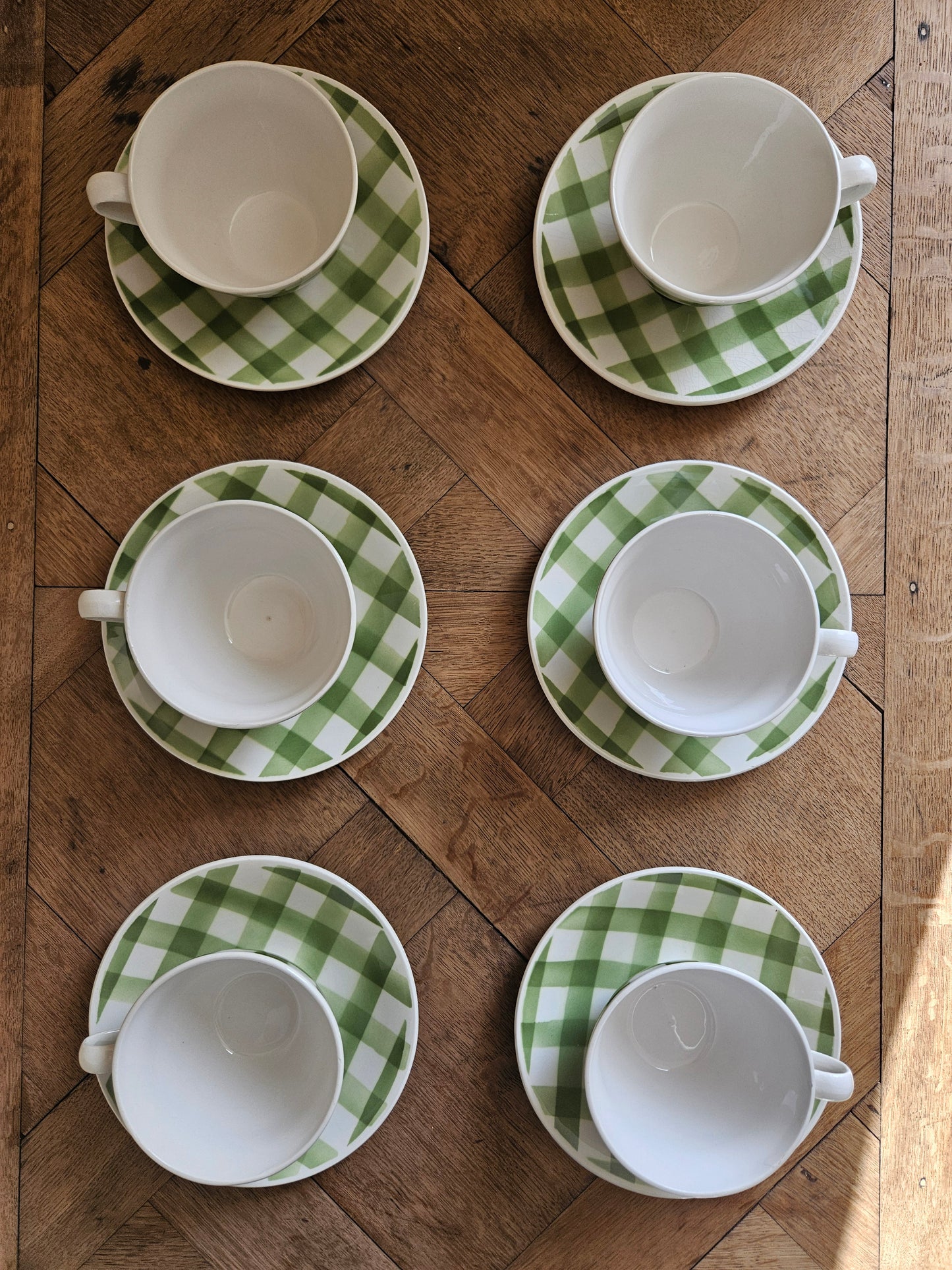 Lot de 6 tasses anciennes Fenal Badonviller motif Vichy à carreaux verts