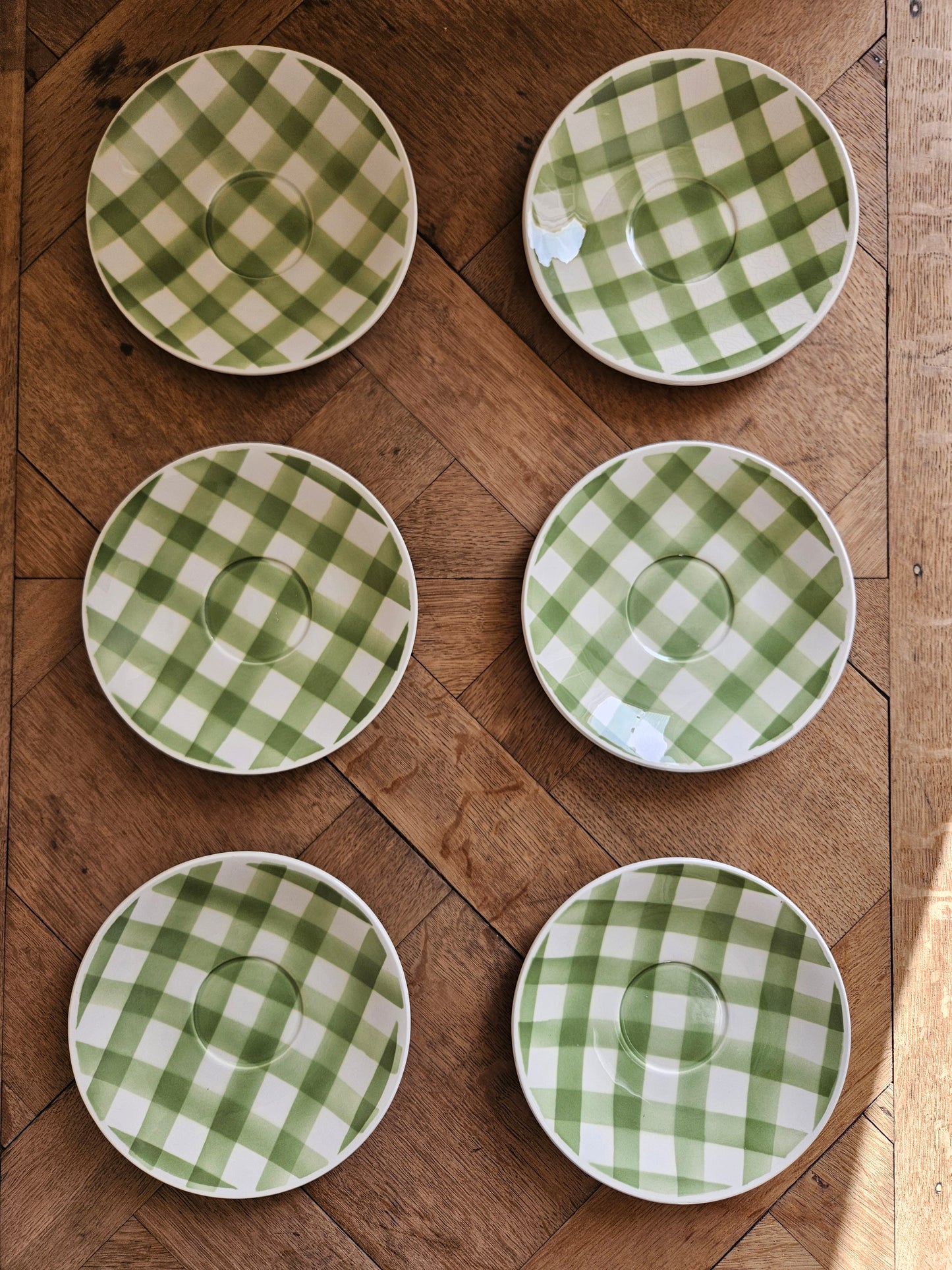 Lot de 6 sous-tasses rétro Fenal Badonviller motif Vichy à carreaux verts