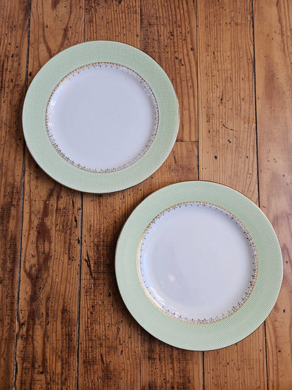 Assiettes plates dépareillées, vert pomme / jaune / fleurs