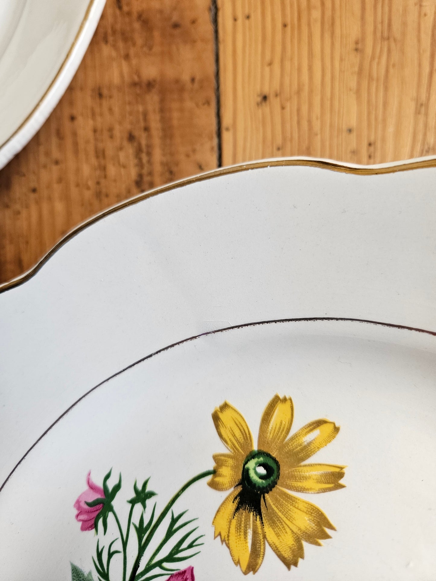 Assiettes plates dépareillées, vert pomme / jaune / fleurs