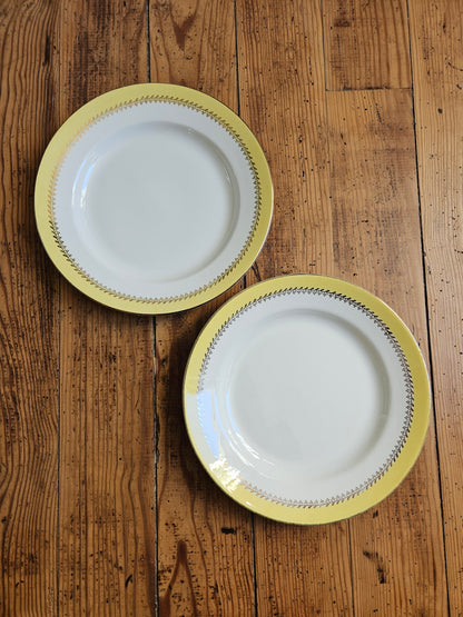 Assiettes plates dépareillées, jaune / mint / fleurs