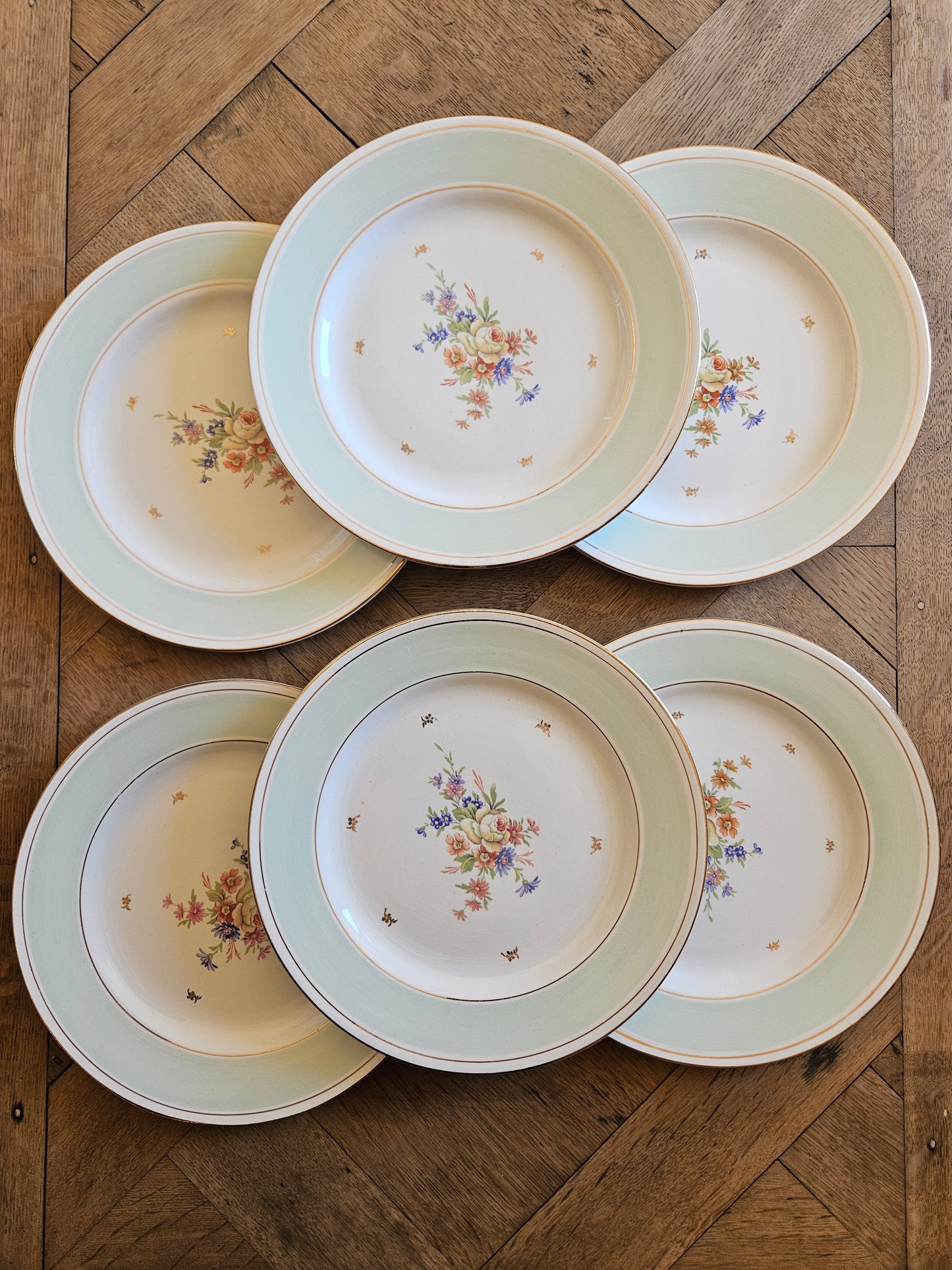 Assiettes plates Ste Amandinoise, vert mint & fleurs