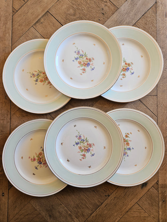 Assiettes plates Ste Amandinoise, vert mint & fleurs