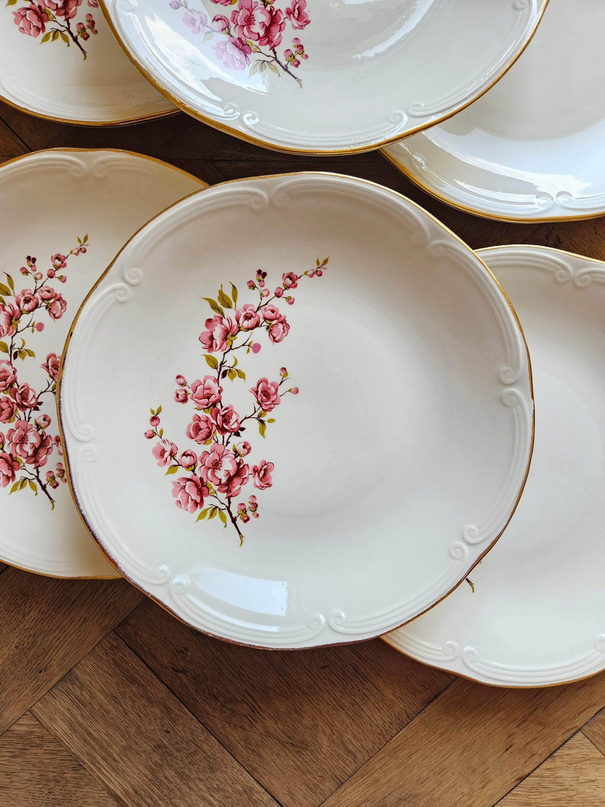 Assiettes plates vintage Gien, Fleurs de pêcher