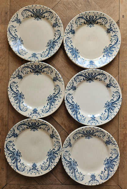 Lot de 6 assiettes plates anciennes en terre de fer. Faïencerie de Lyon, Joconde