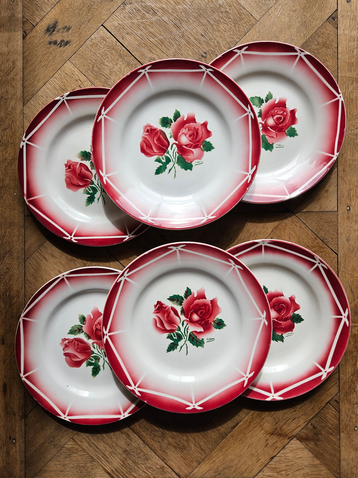 Lot de 6 assiettes plates rétro Digoin, Cibon