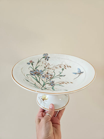 Compotier ancien, décor polychrome de fleurs, libellules et papillons