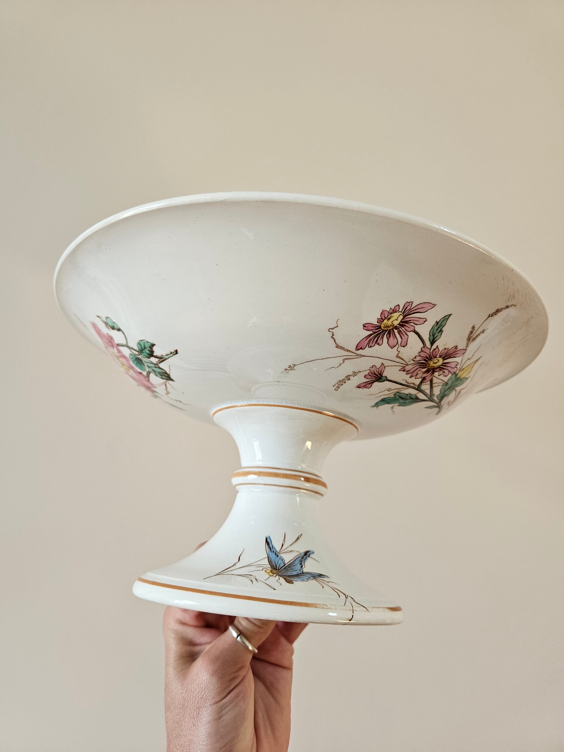 Compotier ancien, décor polychrome de fleurs, libellules et papillons