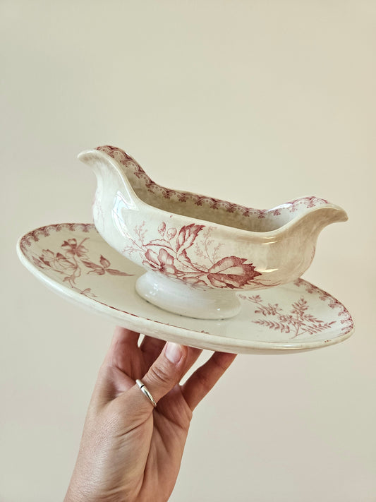 Saucière ancienne U&C Sarreguemines, modèle Vega, décor rose