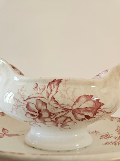 Décor rose sur saucière ancienne en terre de fer, Sarreguemines 