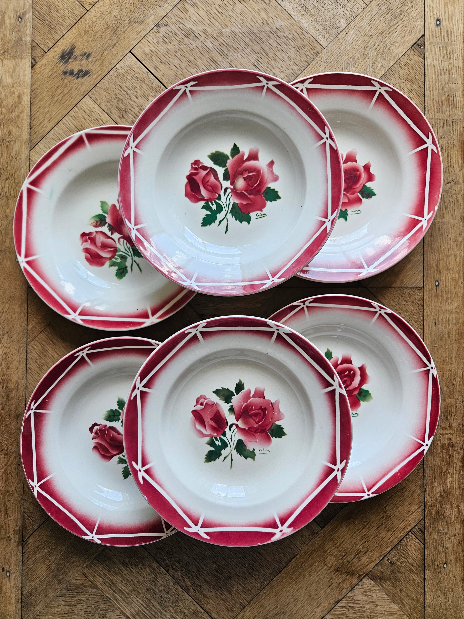Lot de 6 assiettes creuses rétro Digoin, Cibon