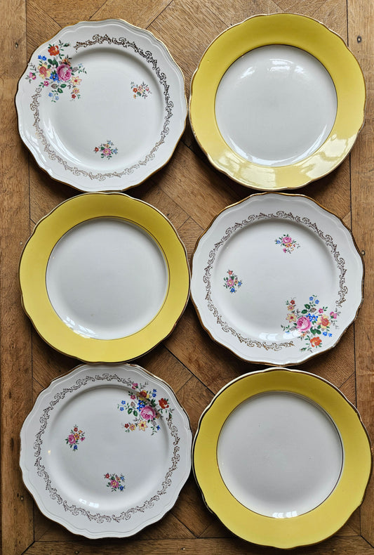 Assiettes plates dépareillées, jaune & fleurs