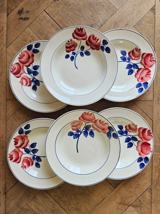 Lot de 6 assiettes creuses vintage HBCM, rose rouge