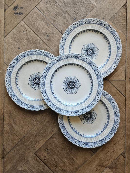 Lot de 4 assiettes à dessert anciennes Mintons, Kerry. Terre de fer. Charmante patine du temps.
