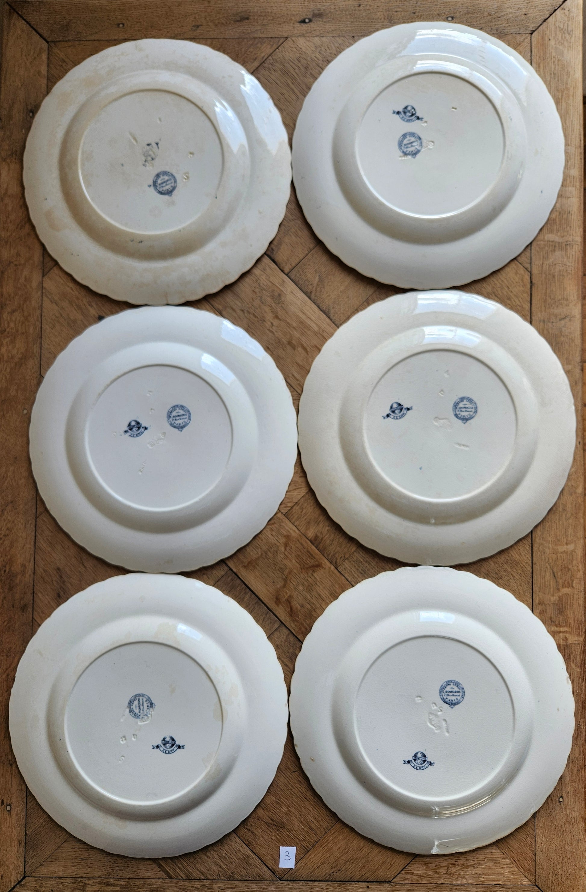 Lot de 6 assiettes plates anciennes Mintons, Kerry. Terre de fer. Patinées. 