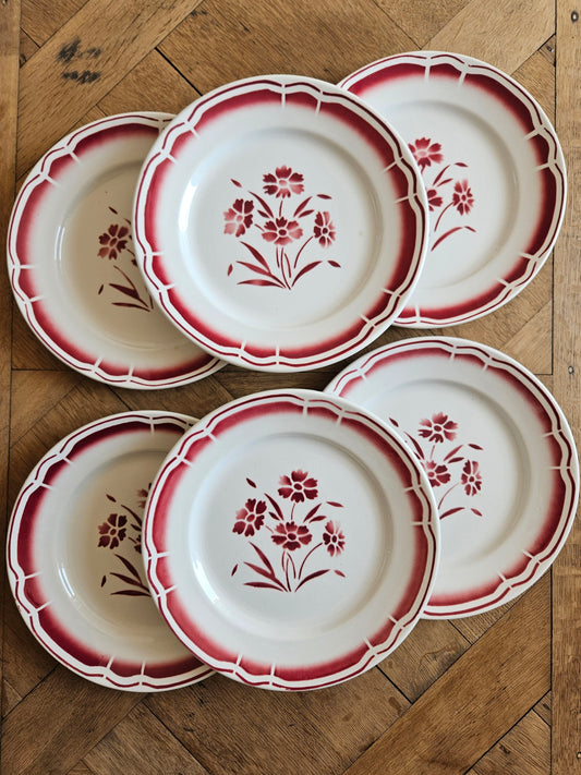 Lot de 6 assiettes plates vintage Fenal Badonviller rouge
