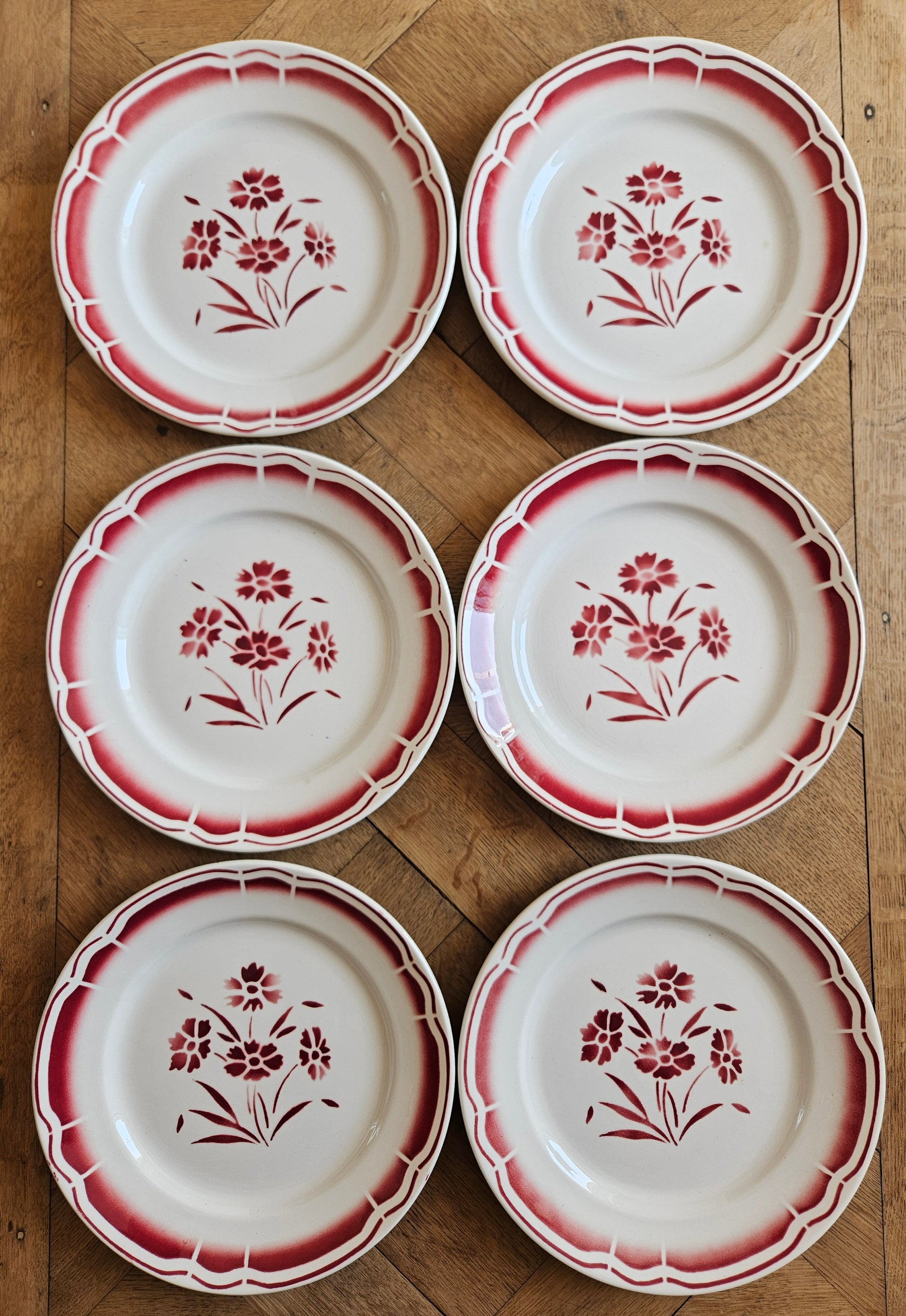 Ensemble de 6 assiettes plates vintage Badonviller rouge
