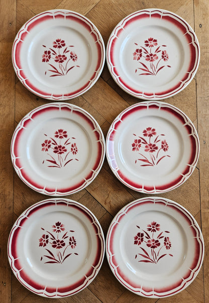 Ensemble de 6 assiettes plates vintage Badonviller rouge