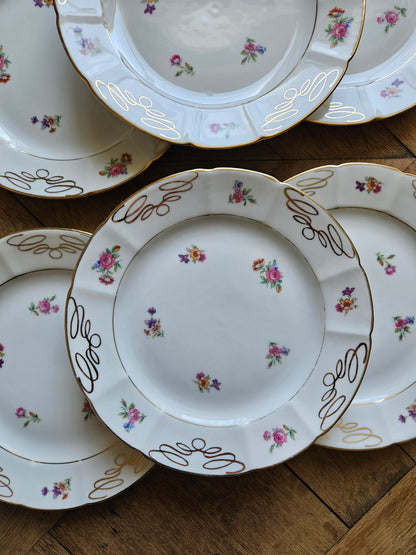 Lot de 6 assiettes à dessert anciennes porcelaine fleurie, Châtres-sur-Cher