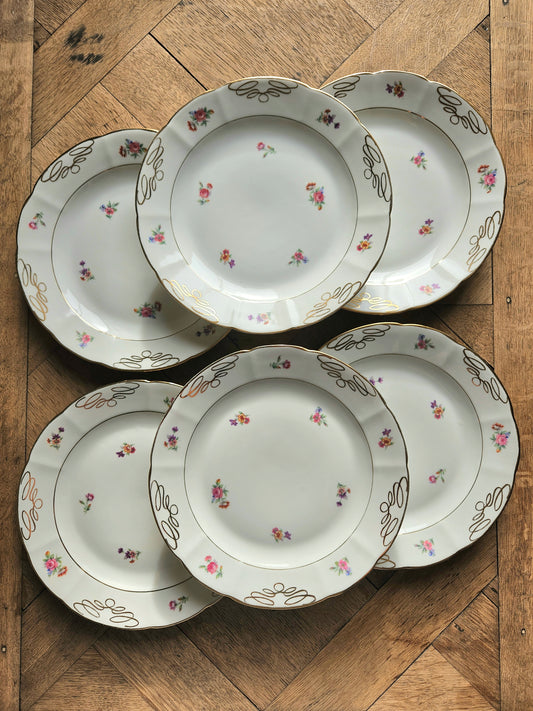 Lot de 6 assiettes plates anciennes en porcelaine fleurie de Châtres-sur-Cher
