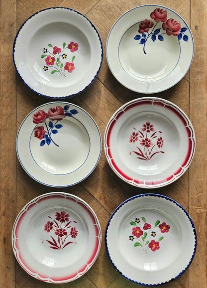Lot de 6 assiettes creuses anciennes dépareillées. HBCM, Salins et Badonviller.