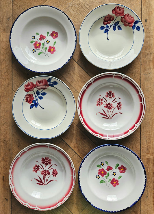 Lot de 6 assiettes creuses anciennes dépareillées. HBCM, Salins et Badonviller.