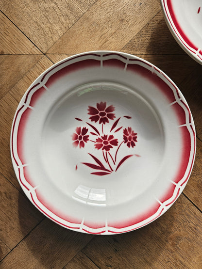 Assiettes creuses vintage dépareillées, rouges et bleues