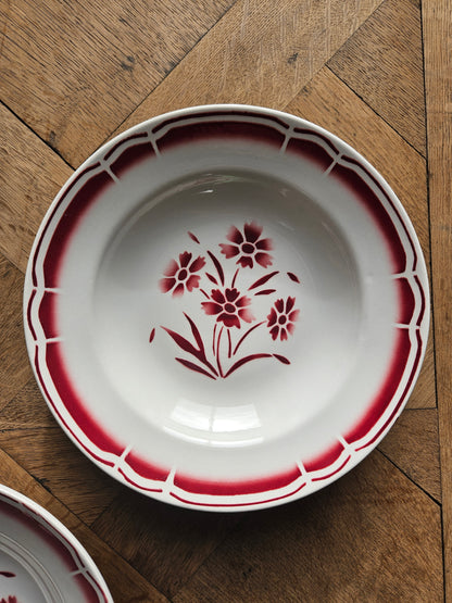 Assiettes creuses vintage dépareillées, rouges et bleues