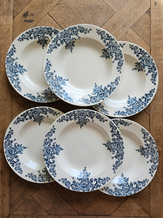 Lot de 6 assiettes creuses anciennes HB & Cie, Louis XV. Terre de fer. Choisy-le-Roi 