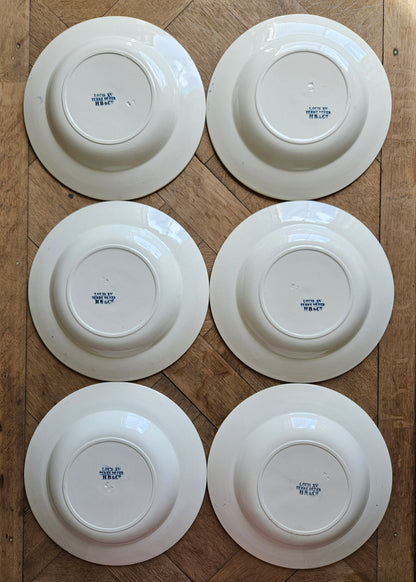 Lot de 6 assiettes creuses anciennes estampillées HB & Cie, Louis XV. Terre de fer.