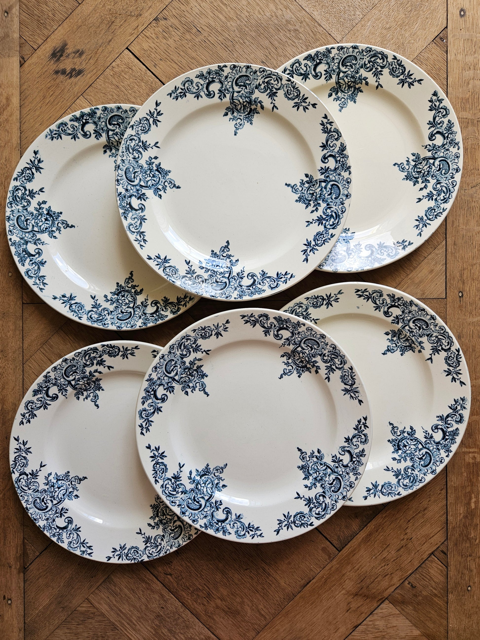 Série de 6 assiettes plates anciennes Hippolyte Boulenger et Cie, modèle Louis XV. Terre de fer. Choisy-le-Roi 