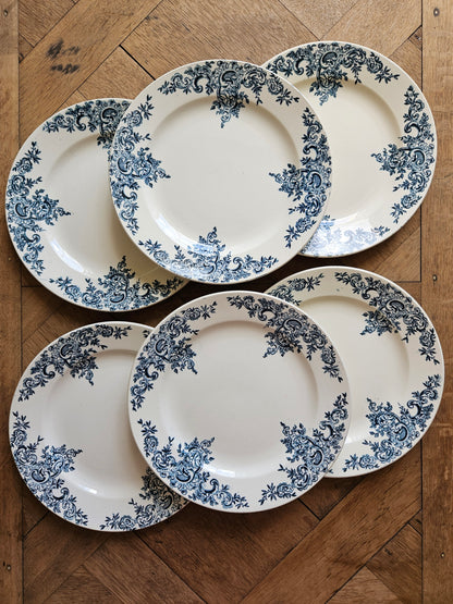 Série de 6 assiettes plates anciennes Hippolyte Boulenger et Cie, modèle Louis XV. Terre de fer. Choisy-le-Roi 