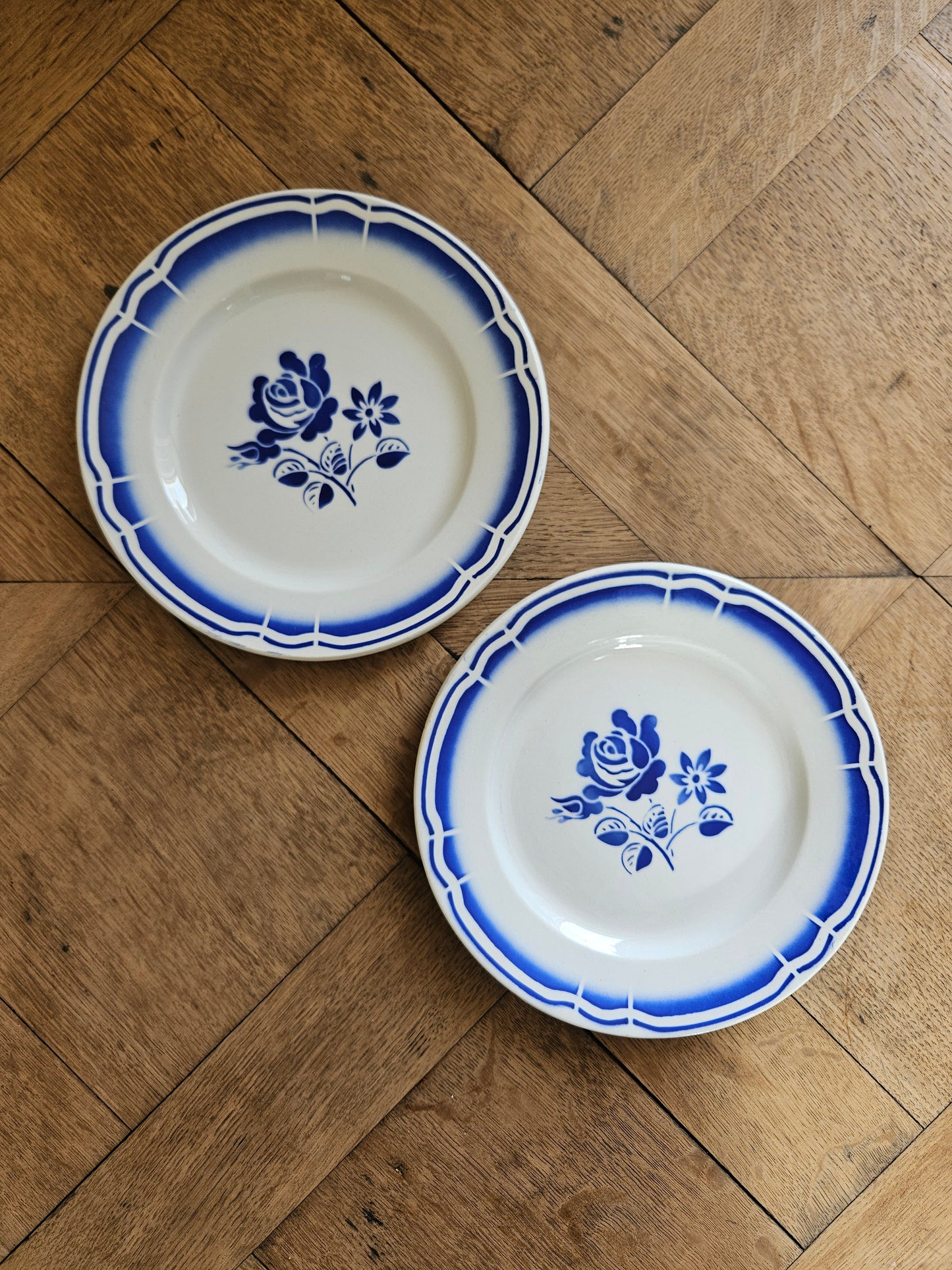 Lot de 2 assiettes à dessert rétro Fenal Badonviller. Décor à la rose bleue.