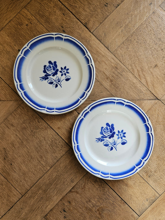 Lot de 2 assiettes à dessert rétro Fenal Badonviller. Décor à la rose bleue.