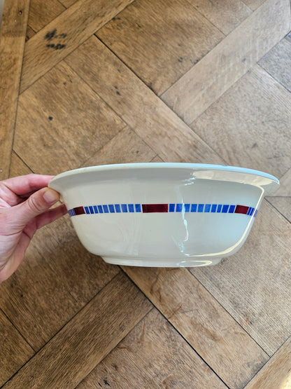 Petit saladier vintage K&G Lunéville, modèle Hossegor V.F. Paris. Décor géométrique bleu et rouge bordeaux.