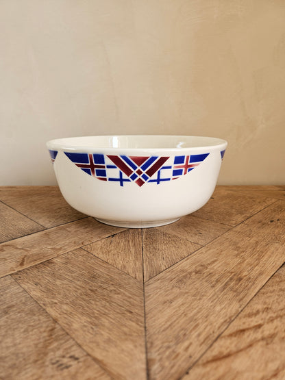 Saladier vintage K&G Lunéville, modèle Hossegor V.F. Paris. Décor géométrique bleu et rouge bordeaux.