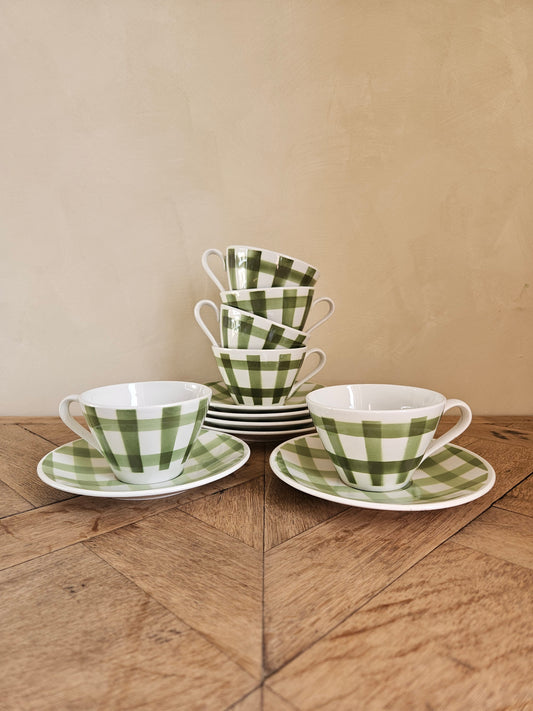 Lot de 6 tasses anciennes Fenal Badonviller motif Vichy à carreaux verts
