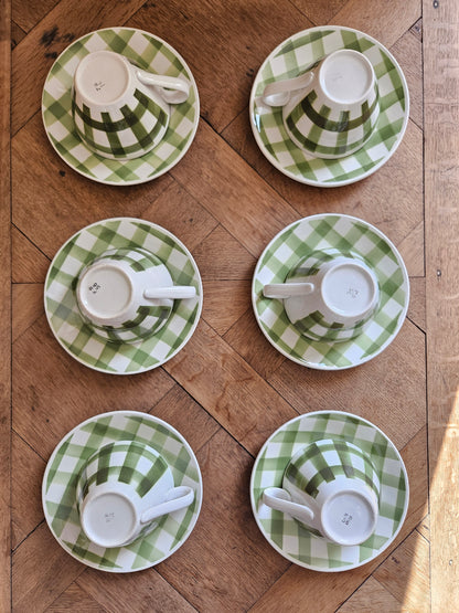 Lot de 6 tasses anciennes Fenal Badonviller motif Vichy à carreaux verts