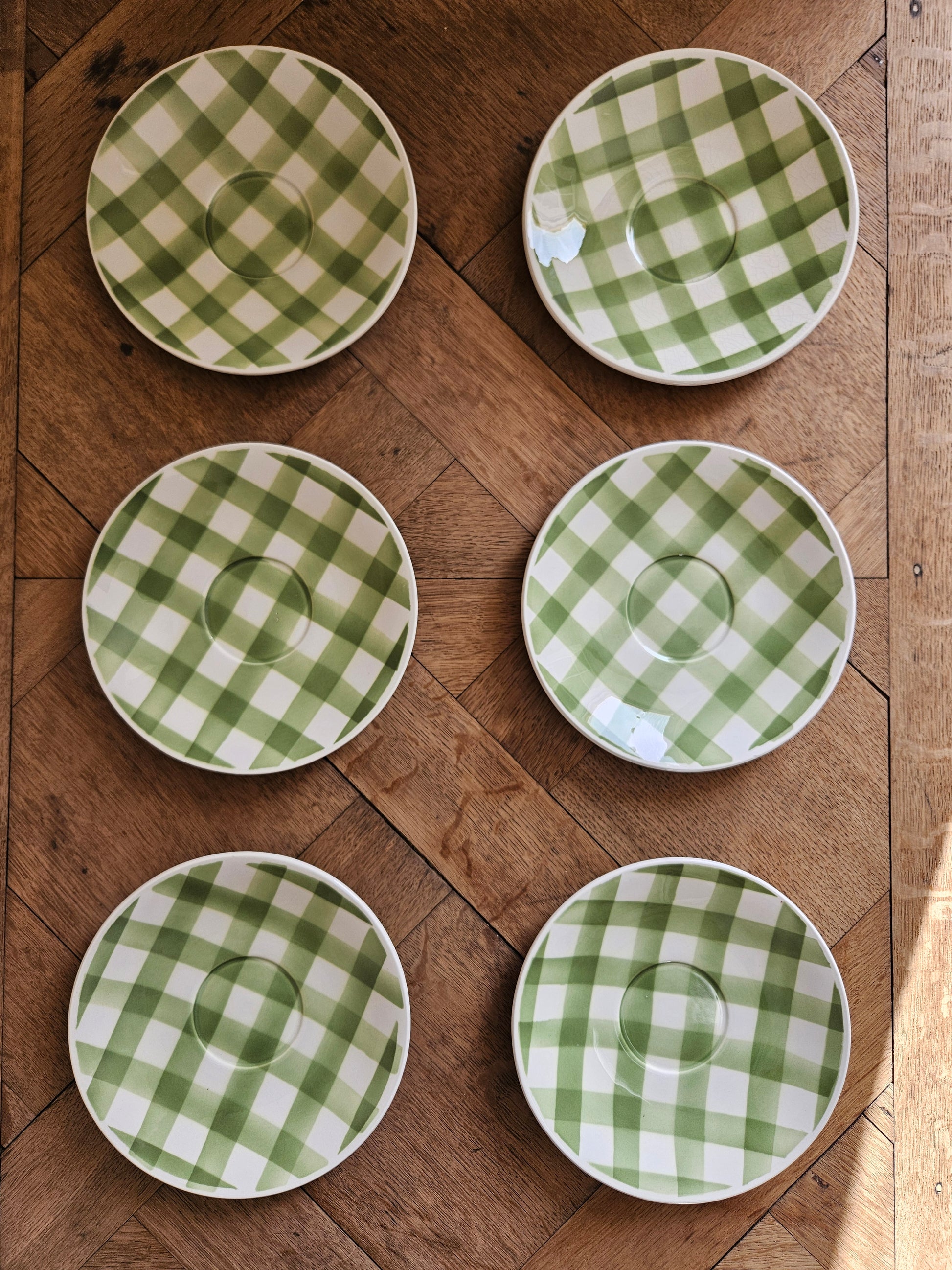 Lot de 6 sous-tasses rétro Fenal Badonviller motif Vichy à carreaux verts