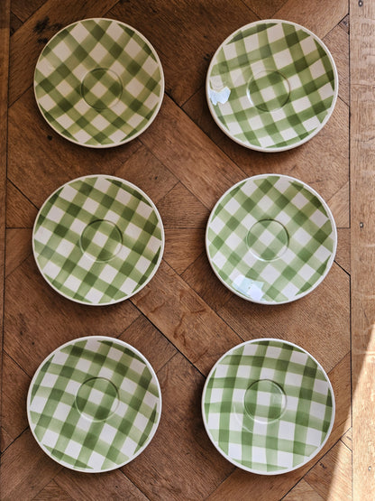 Lot de 6 sous-tasses rétro Fenal Badonviller motif Vichy à carreaux verts