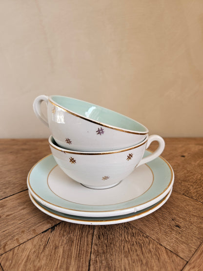 Lot de 2 tasses et sous-tasses K&G Lunéville, décor mint et doré style shabby chic