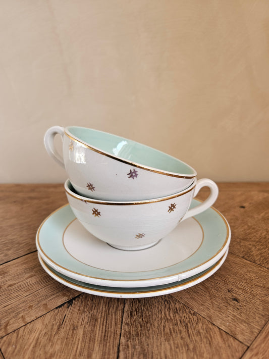 Lot de 2 tasses et sous-tasses K&G Lunéville, décor mint et doré style shabby chic