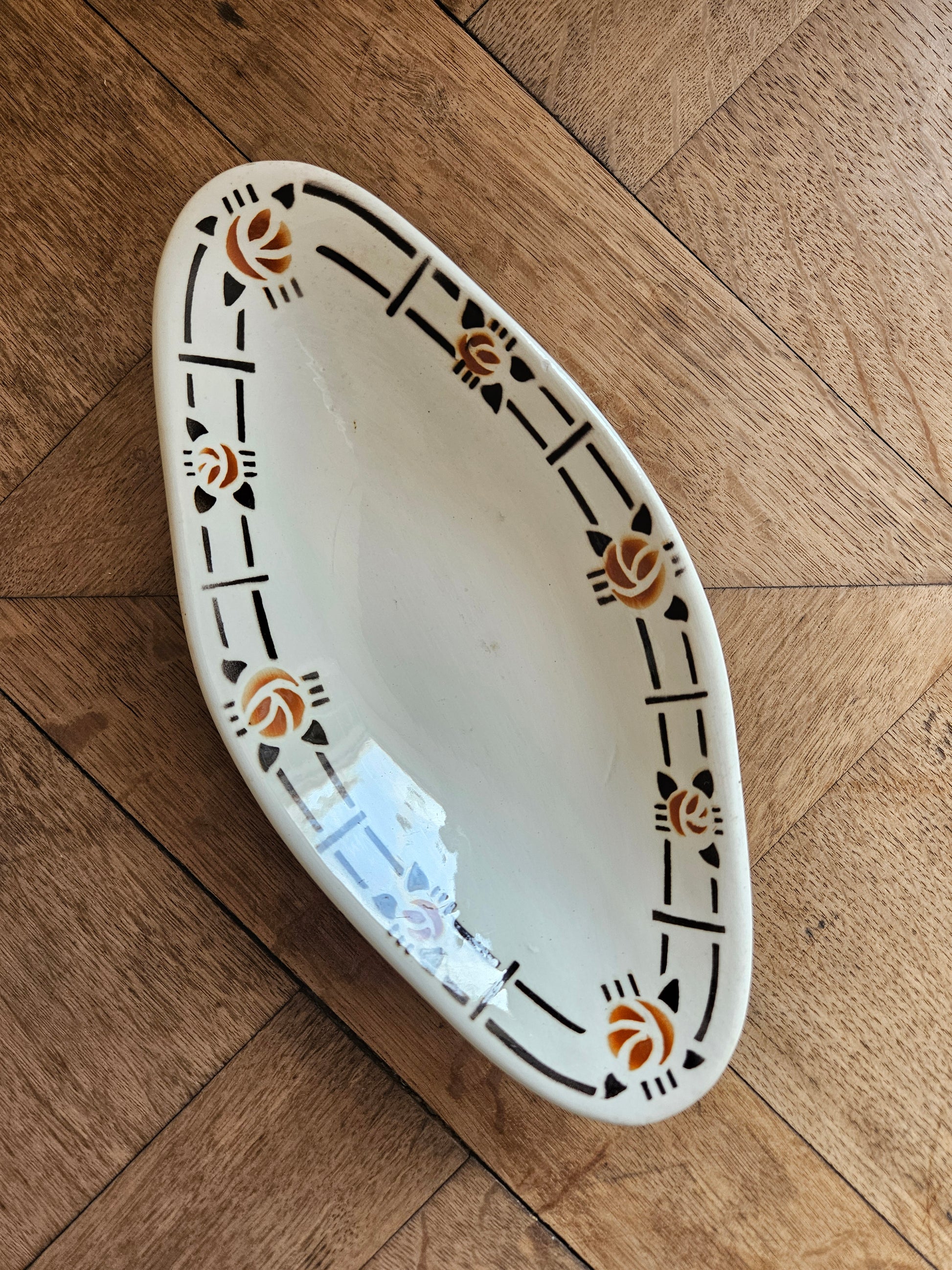 Ravier vintage Sté Amandinoise orange et noir, style art déco 